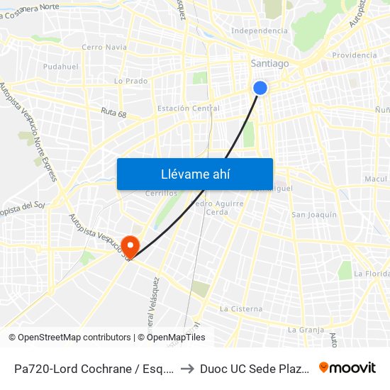 Pa720-Lord Cochrane / Esq. Alameda to Duoc UC Sede Plaza Oeste map