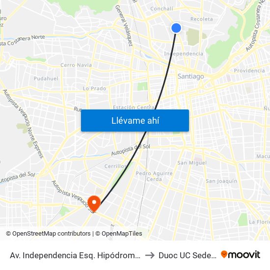Av. Independencia Esq. Hipódromo Chile (Plaza Chacabuco) to Duoc UC Sede Plaza Oeste map