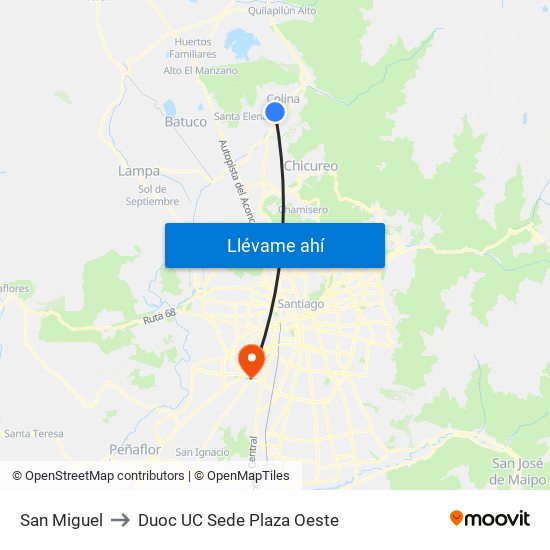 San Miguel to Duoc UC Sede Plaza Oeste map