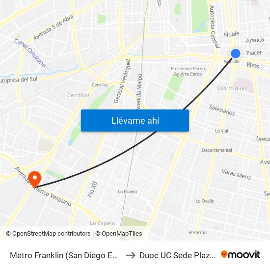 Metro Franklin (San Diego Esq. Placer) to Duoc UC Sede Plaza Oeste map