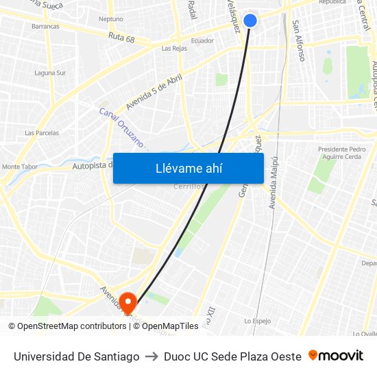 Universidad De Santiago to Duoc UC Sede Plaza Oeste map