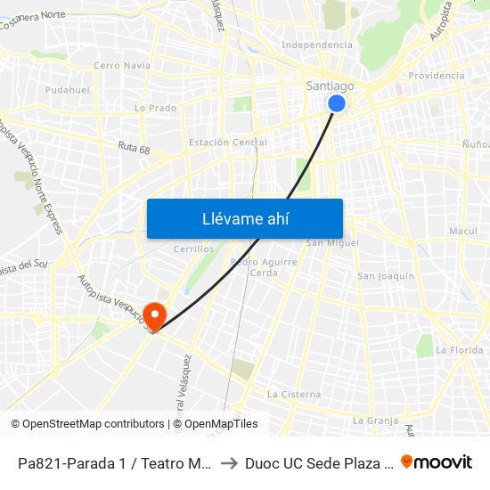 Pa821-Parada 1 / Teatro Municipal to Duoc UC Sede Plaza Oeste map