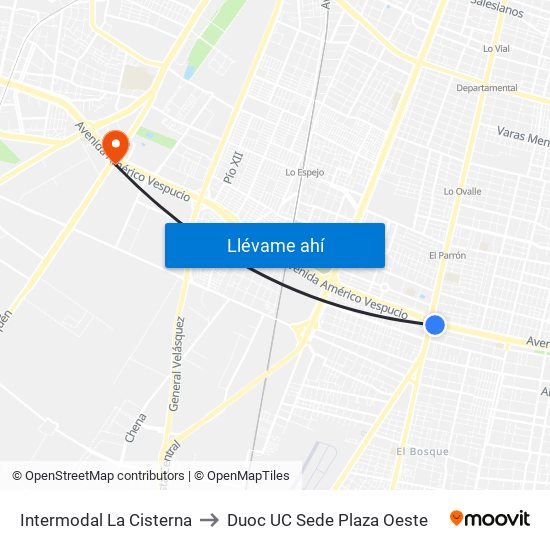Intermodal La Cisterna to Duoc UC Sede Plaza Oeste map
