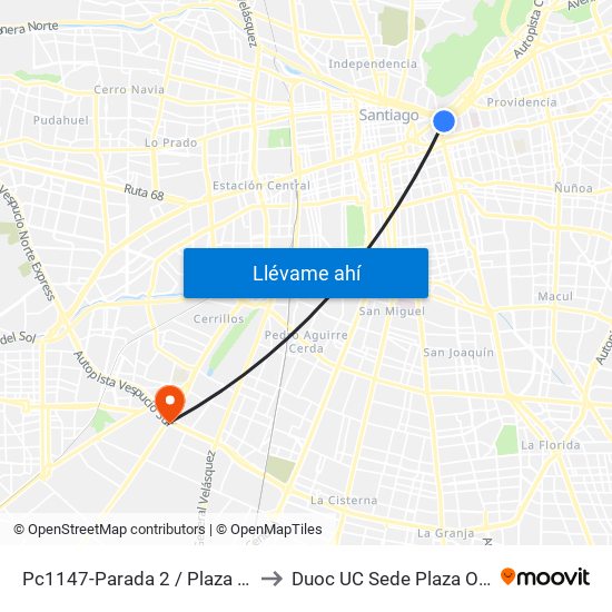 Pc1147-Parada 2 / Plaza Italia to Duoc UC Sede Plaza Oeste map