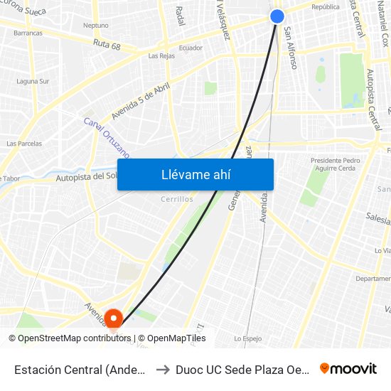 Estación Central (Anden1) to Duoc UC Sede Plaza Oeste map