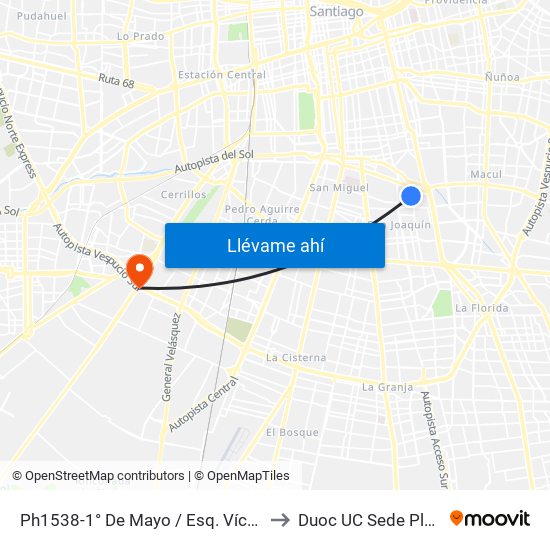 Ph1538-1° De Mayo / Esq. Víctor Gandarillas to Duoc UC Sede Plaza Oeste map