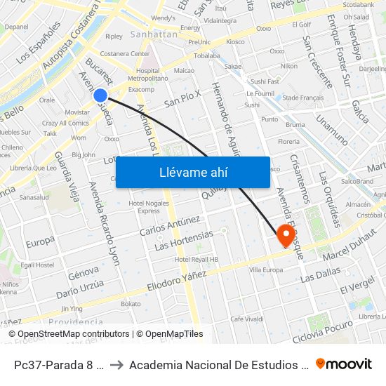 Pc37-Parada 8 / (M) Los Leones to Academia Nacional De Estudios Políticos Y Estratégicos (Anepe) map