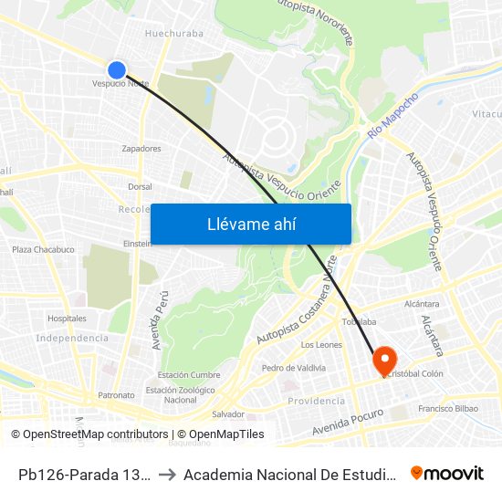 Pb126-Parada 13 / (M) Vespucio Norte to Academia Nacional De Estudios Políticos Y Estratégicos (Anepe) map