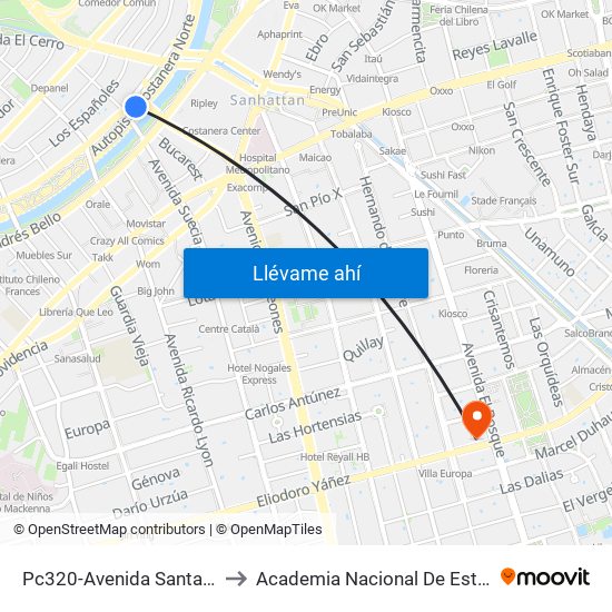 Pc320-Avenida Santa María / Esq. Puente Los Leones to Academia Nacional De Estudios Políticos Y Estratégicos (Anepe) map