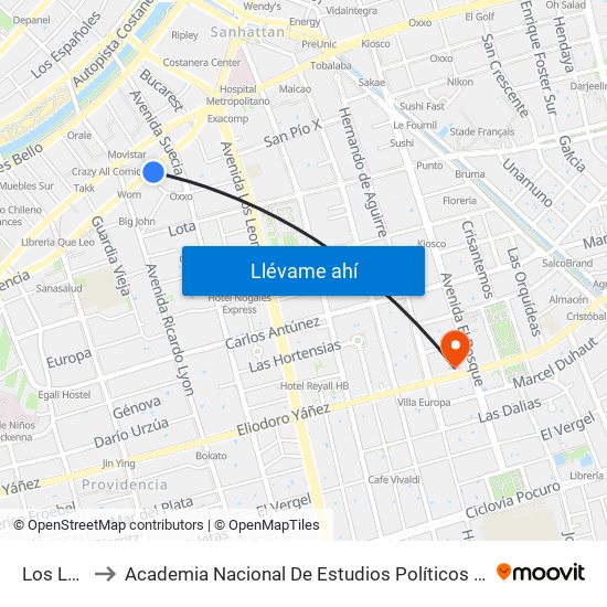 Los Leones to Academia Nacional De Estudios Políticos Y Estratégicos (Anepe) map