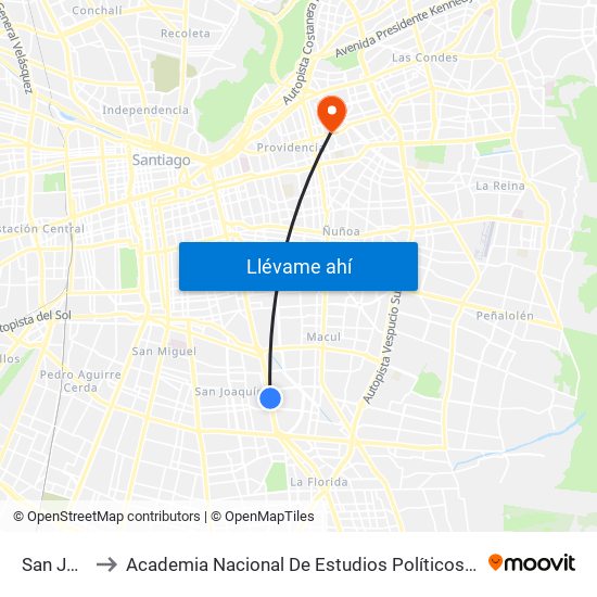 San Joaquín to Academia Nacional De Estudios Políticos Y Estratégicos (Anepe) map