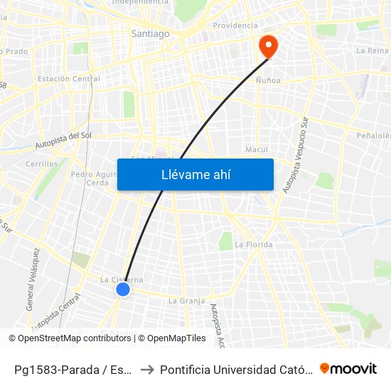 Pg1583-Parada / Est. Intermodal La Cisterna to Pontificia Universidad Católica De Chile (Campus Oriente) map