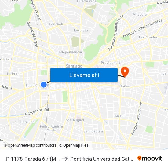 Pi1178-Parada 6 / (M) Universidad De Santiago to Pontificia Universidad Católica De Chile (Campus Oriente) map