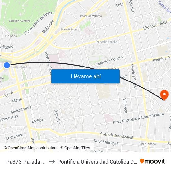 Pa373-Parada 9 / Plaza Italia to Pontificia Universidad Católica De Chile (Campus Oriente) map