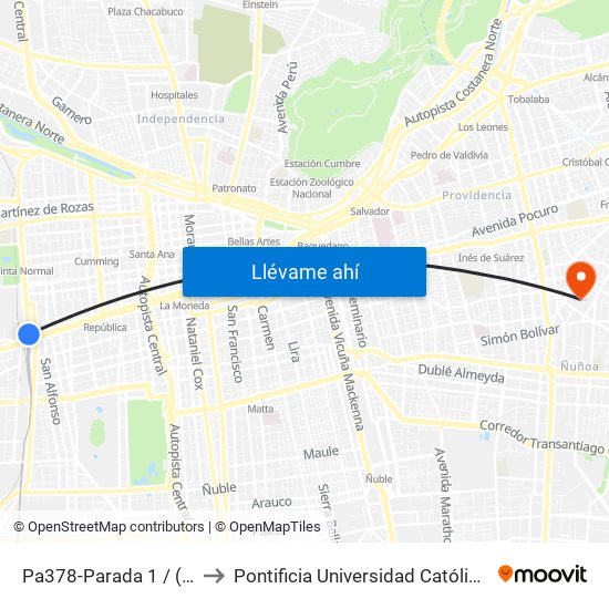 Pa378-Parada 1 / (M) Estación Central to Pontificia Universidad Católica De Chile (Campus Oriente) map