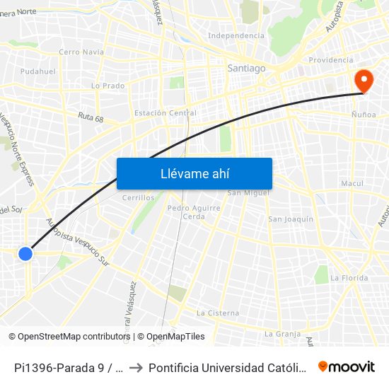 Pi1396-Parada 9 / (M) Plaza De Maipú to Pontificia Universidad Católica De Chile (Campus Oriente) map