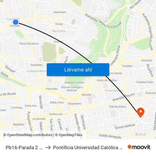 Pb16-Parada 2 / (M) Conchalí to Pontificia Universidad Católica De Chile (Campus Oriente) map