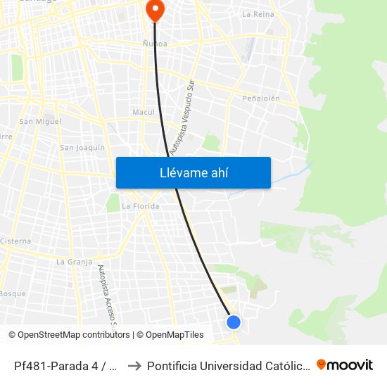 Pf481-Parada 4 / Mall Plaza Tobalaba to Pontificia Universidad Católica De Chile (Campus Oriente) map