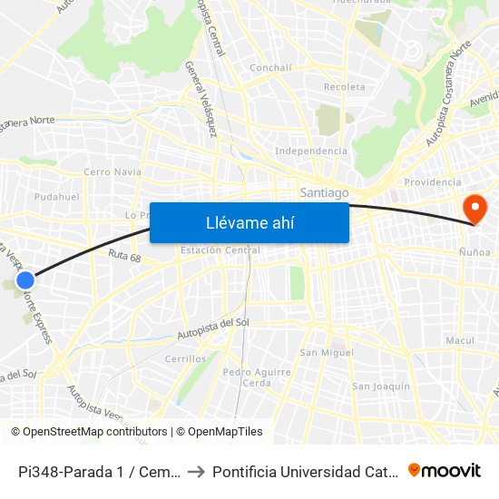 Pi348-Parada 1 / Cementerio Parque Del Sendero to Pontificia Universidad Católica De Chile (Campus Oriente) map
