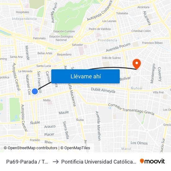 Pa69-Parada / Teatro Caupolicán to Pontificia Universidad Católica De Chile (Campus Oriente) map
