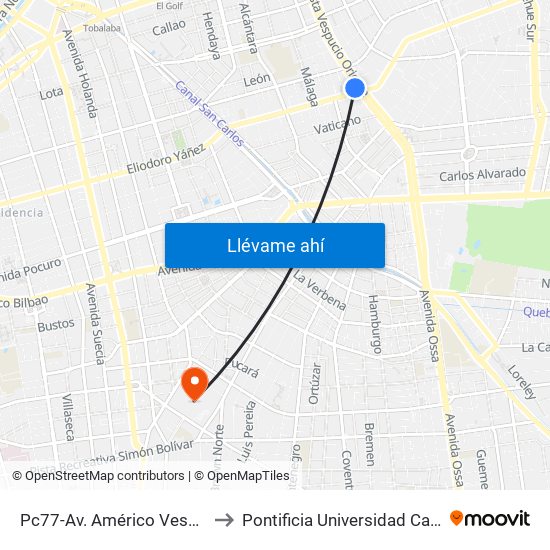 Pc77-Av. Américo Vespucio / Esq. Av. Cristóbal Colón to Pontificia Universidad Católica De Chile (Campus Oriente) map