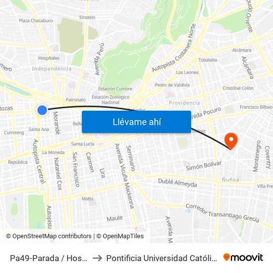 Pa49-Parada / Hospital Traumatológico to Pontificia Universidad Católica De Chile (Campus Oriente) map