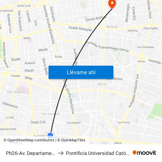 Ph26-Av. Departamental / Esq. Pintor Murillo to Pontificia Universidad Católica De Chile (Campus Oriente) map