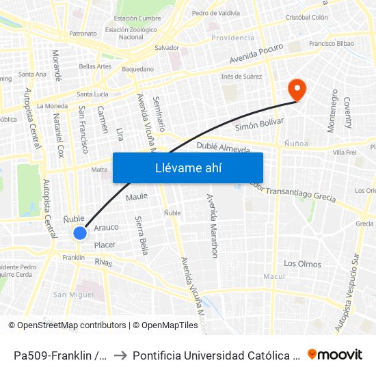 Pa509-Franklin / Esq. San Diego to Pontificia Universidad Católica De Chile (Campus Oriente) map