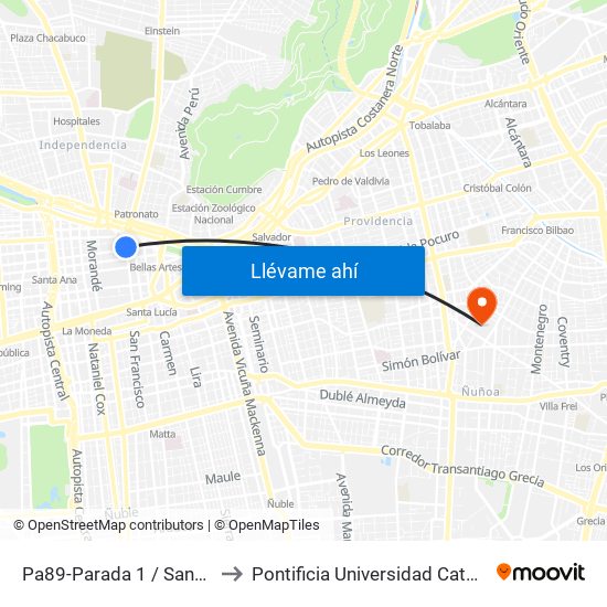 Pa89-Parada 1 / Santo Domingo - San Antonio to Pontificia Universidad Católica De Chile (Campus Oriente) map