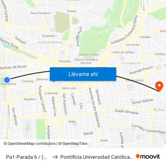 Pa1-Parada 6 / (M) Quinta Normal to Pontificia Universidad Católica De Chile (Campus Oriente) map