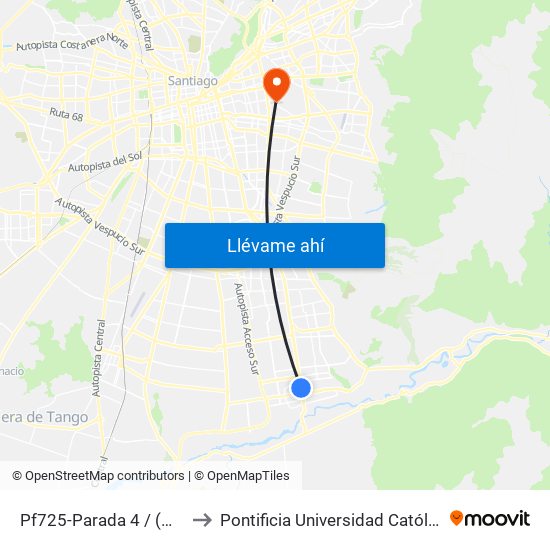 Pf725-Parada 4 / (M) Plaza De Puente Alto to Pontificia Universidad Católica De Chile (Campus Oriente) map