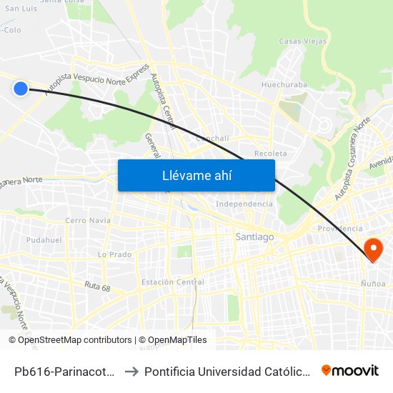 Pb616-Parinacota / Esq. Antillanca to Pontificia Universidad Católica De Chile (Campus Oriente) map