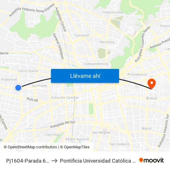 Pj1604-Parada 6 / (M) Pudahuel to Pontificia Universidad Católica De Chile (Campus Oriente) map