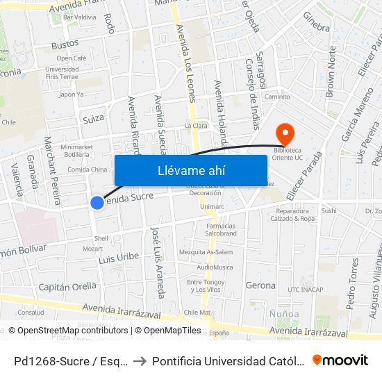Pd1268-Sucre / Esq. Av. Pedro De Valdivia to Pontificia Universidad Católica De Chile (Campus Oriente) map