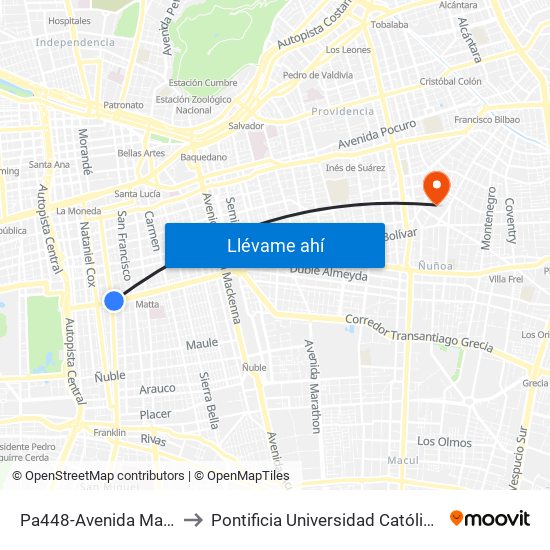 Pa448-Avenida Matta / Esq. San Diego to Pontificia Universidad Católica De Chile (Campus Oriente) map