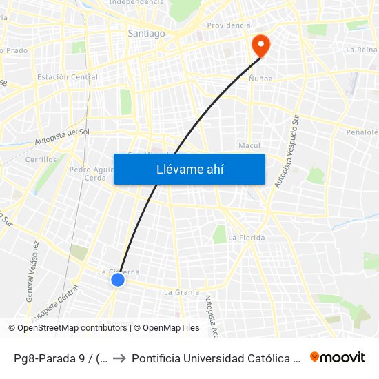 Pg8-Parada 9 / (M) La Cisterna to Pontificia Universidad Católica De Chile (Campus Oriente) map
