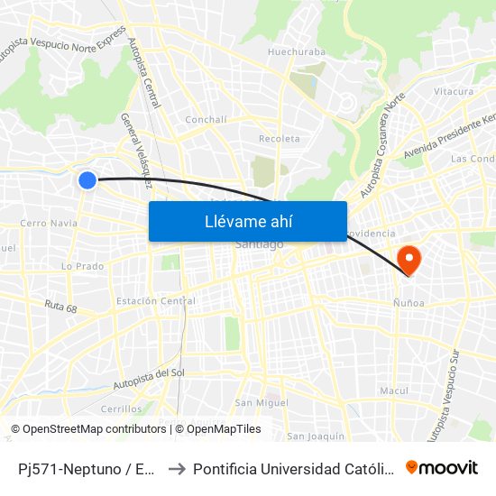 Pj571-Neptuno / Esq. Avenida Carrascal to Pontificia Universidad Católica De Chile (Campus Oriente) map