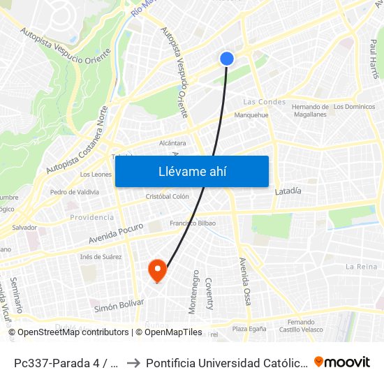 Pc337-Parada 4 / Mall Parque Arauco to Pontificia Universidad Católica De Chile (Campus Oriente) map