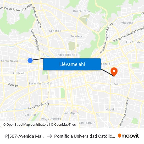 Pj507-Avenida Mapocho / Esq. Radal to Pontificia Universidad Católica De Chile (Campus Oriente) map