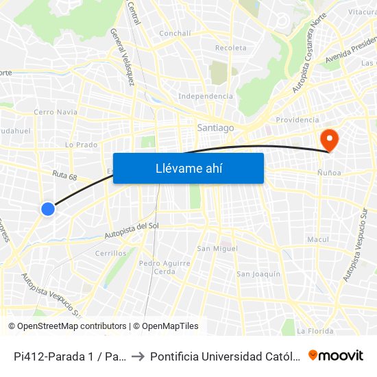 Pi412-Parada 1 / Paradero 7 1/2 Pajaritos to Pontificia Universidad Católica De Chile (Campus Oriente) map