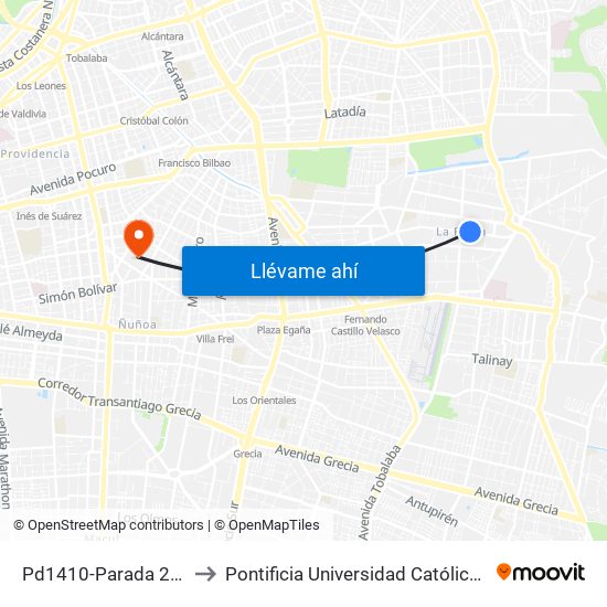 Pd1410-Parada 2 / Plaza Ossandón to Pontificia Universidad Católica De Chile (Campus Oriente) map