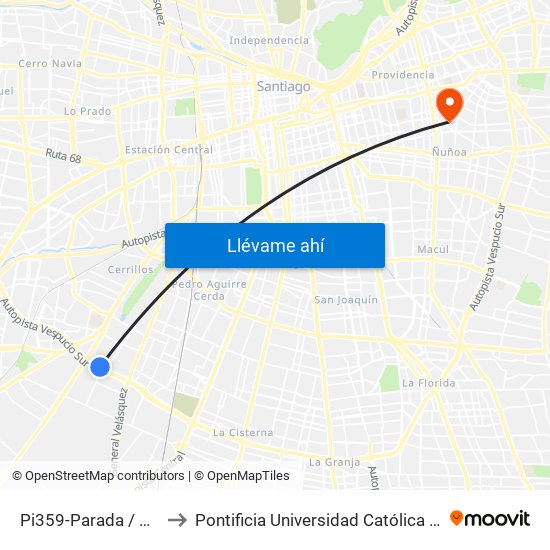 Pi359-Parada / Mall Plaza Oeste to Pontificia Universidad Católica De Chile (Campus Oriente) map