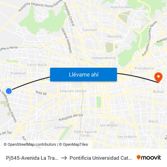 Pj545-Avenida La Travesía / Esq. Río Apurimac to Pontificia Universidad Católica De Chile (Campus Oriente) map