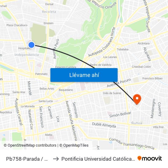 Pb758-Parada / Hospital San José to Pontificia Universidad Católica De Chile (Campus Oriente) map