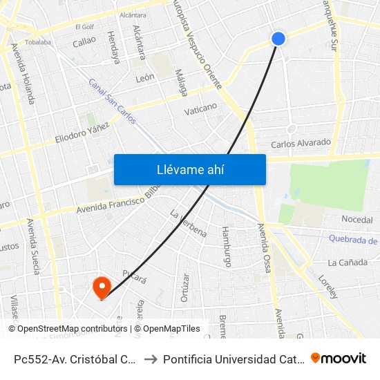 Pc552-Av. Cristóbal Colón / Esq. Sebastián Elcano to Pontificia Universidad Católica De Chile (Campus Oriente) map