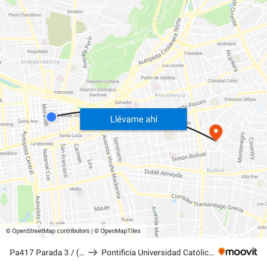 Pa417 Parada 3 / (M) Plaza De Armas to Pontificia Universidad Católica De Chile (Campus Oriente) map