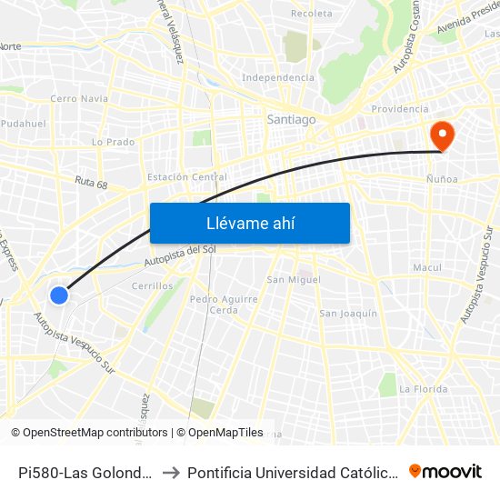 Pi580-Las Golondrinas / Esq. Alaska to Pontificia Universidad Católica De Chile (Campus Oriente) map