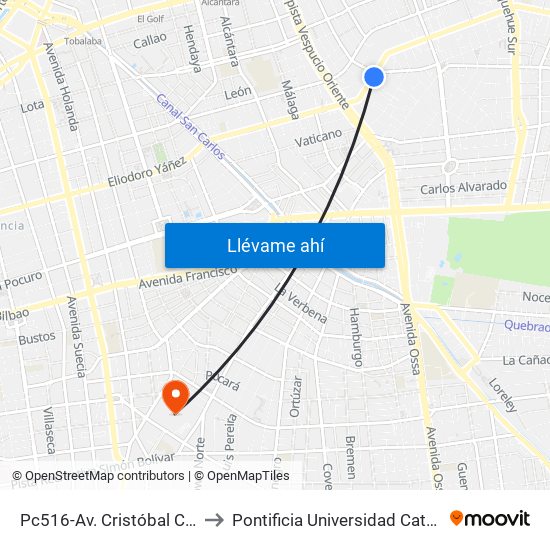 Pc516-Av. Cristóbal Colón / Esq. Félix De Amesti to Pontificia Universidad Católica De Chile (Campus Oriente) map