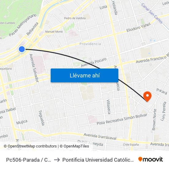 Pc506-Parada / Clínica Santa María to Pontificia Universidad Católica De Chile (Campus Oriente) map