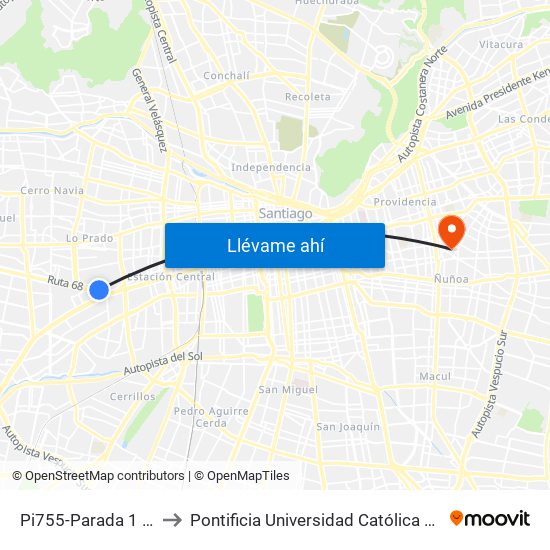 Pi755-Parada 1 / (M) Pajaritos to Pontificia Universidad Católica De Chile (Campus Oriente) map